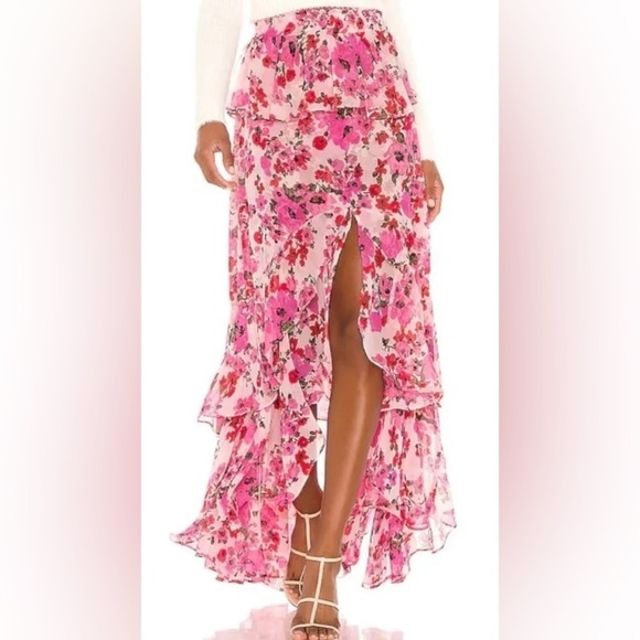Anthro’s Misa Los Angeles Lucia Ruffles Peplum-Cascade,Maxi Skirt, Size XS Pink - Picture 1 of 16